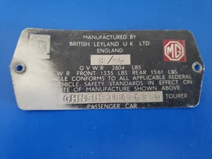 Oldtimer PKW 8/75 Fahrgestell ID Metallschild Anhänger MG British Leyland UK - Bild 1 von 2