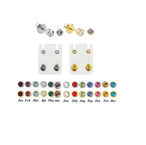 Stainless Birthstone Stud Earrings Hypoallergenic Ear Piercing Bezel Round 4mm - Picture 1 of 128