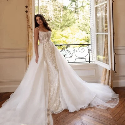 Romántico Vestido de Novia Sirena Desmontable Tren Apliques Encaje Vestido de Novia Foto 1 de 4