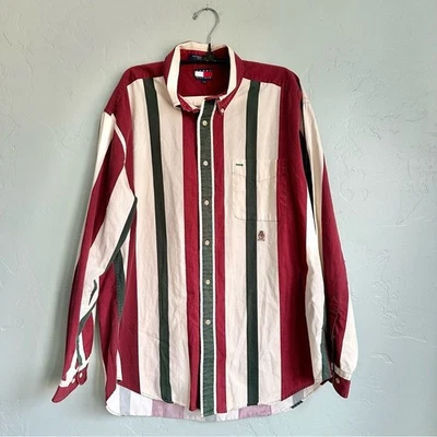 Camisa Tommy Hilfiger Para Hombre Vintage Años 90 Roja Blanca Verde Rayas Verticales Grande Foto 1 de 4