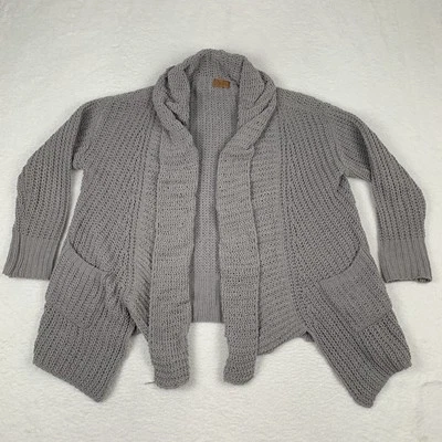 POL 超大雪尼尔开衫毛衣女式 S 开襟口袋灰色针织 — 第 1/4 张图片