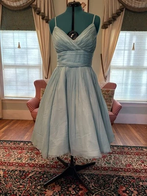 1960 vestido de coquetel de seda e tafetá espuma do mar chiffon, saia completa tamanho 14 + sapatos - Imagem 1 de 4