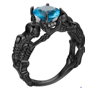 Silver Skeleton Ring Size 8 Blue Zircon Copper Gun Metal Band Gothic Biker - Picture 1 of 4