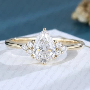 2.20Ctw Pear Cut Moissanite Cluster Set Engagement Ring Solid 14K Yellow Gold - Picture 1 of 7