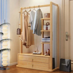 Rubberwood Oak Colour Coat Rack With Mirror And Storage Shelves - Picture 1 of 8