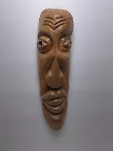 Folk Art Hand Carved Smashed nose big lips bug eyes Wooden Mask 17x4 inches - Picture 1 of 7
