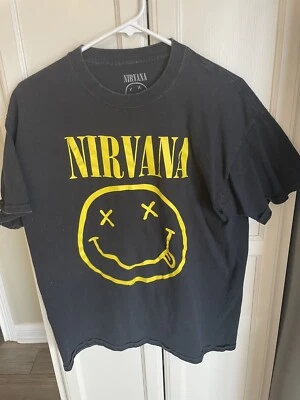 2020 Nirvana Rock Band Group L Tee T-Shirt,Yellow On Black,Cotton,Smiley Face - Image 1 of 3