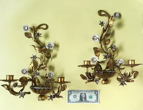 ⭐️  PAIR ITALIAN GILT FLORAL SCONCES Lush ESTATE Italy 50s Vintage MCM Cover