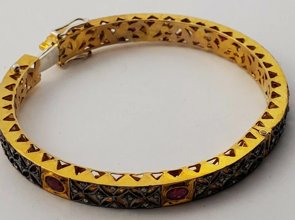 VINTAGE - Polki Bracelet Gold Vermeil/925 Sterling Silver with Diamonds & Rubies - Image 1 of 4