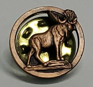 Vintage Moose Lapel Pin Tie Tack Circle Brass Toned 1/2 In Round Horns Log