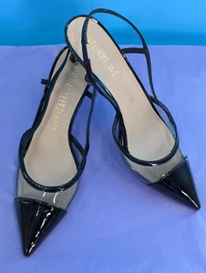 Stuart Weitzman Mondrian 50 Slingback Pumps PVC/ Patent Leather Black US 9 $450 - Picture 1 of 15