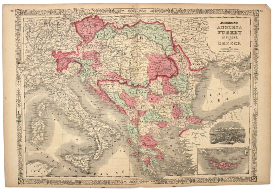 AUSTRIA, PAVO EN EUROPA Y GRECIA Antiguo mapa original coloreado a mano 1867 Foto 1 de 1