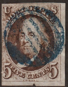 EAS_STAMPS US #1 UVF W/ BLUE GRID CANCEL 3 MARGINS NICE COLOR SCV $370.00 - Picture 1 of 1