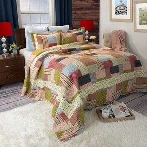 Colorful Patchwork Quilted Blanket Sham Farmhouse Country Pattern - Picture 1 of 2