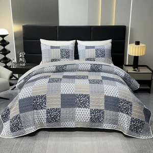 Oversized King Quilt Set (128x120) Grey Plaid Patchwork, Lightweight, Reversible - Picture 1 of 8