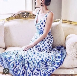 J Crew White Santorini Blue Floral Sun Dress Maxi Dress Size 4 - Picture 1 of 12