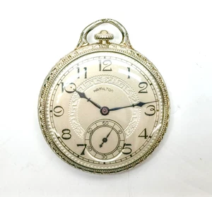 1926 Hamilton 916 14k White GF Pocket Watch Fancy Engraved Dial Case Runs - Picture 1 of 5