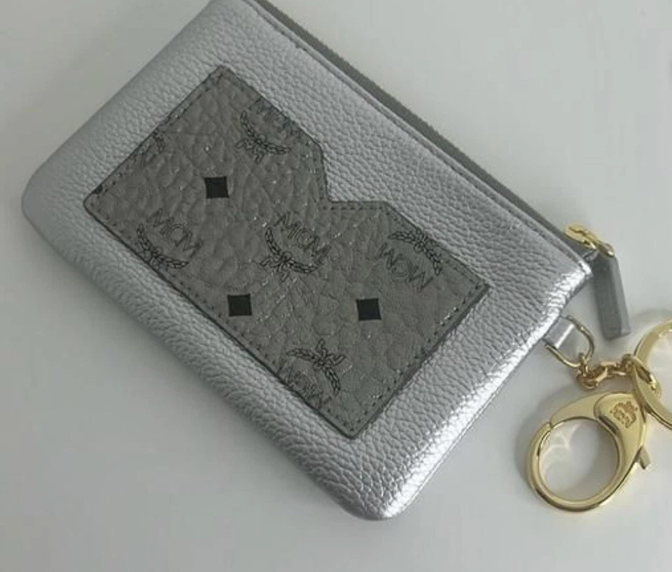 MCM Metallic Silver Visetos Leather Card Case Keychain Wallet