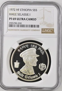 1972 Ethiopia 5 Dollars Silver Proof NGC PF69 Ultra Cameo Haile Selassie & Lion - Picture 1 of 2