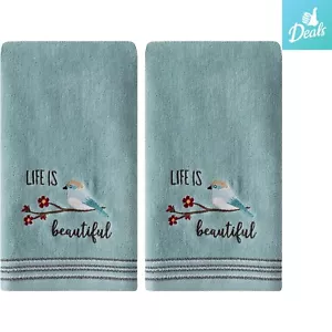 2 Pc Aqua Hand Towel Set - Embroidered Soft Velour with Woven Stripes - Picture 1 of 4