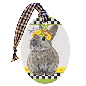 Bunny Dwarf Grey Rabbit Floral Ceramic Oval Shaped Ornament Double-Sided - Picture 1 of 2