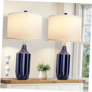 23.6" Modern Ceramic Table Lamps for Bedrooms Set of 2, Navy Blue End Table - Picture 1 of 8