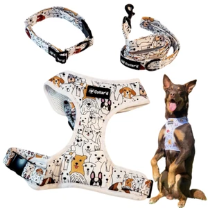 3pcs Dog Harness Vest and Lead set with Dog Collar, Dog white and coloured print - Picture 1 of 6