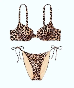 Victoria Secret Swim 38D L XL Push Up Top Bikini Set Side Tie Cheeky Leopard Ico - Picture 1 of 13