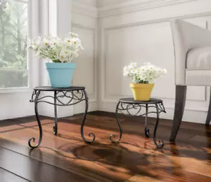 Set of 2 Plant Stand Pair of Flower Pot Holders Black Metal Display Home Decor - Picture 1 of 3