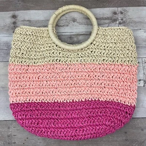 Talbots Woven Straw Tote Hand Bag Tric-Color Tan Pink Cranberry Resort Summer - Picture 1 of 13