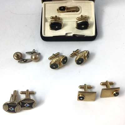 Lote de 5 pares de abotoaduras masculinas vintage ouro metal pedras genuínas pérolas falsas - Imagem 1 de 4