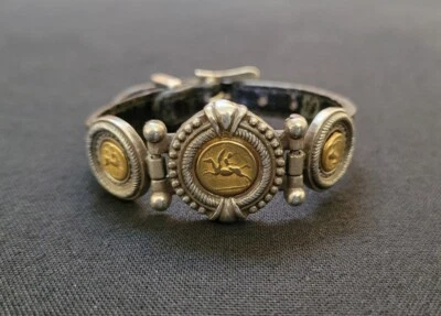 Pulsera de cuero Brighton de plata pura con placa de moneda Foto 1 de 4