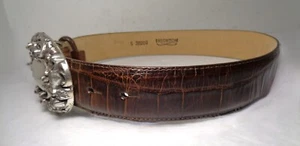 Vintage 1993 Brighton 1.3" Width Croc Brown Belt Size S CLEAN CUPID ANTIC BUCKLE - Picture 1 of 7