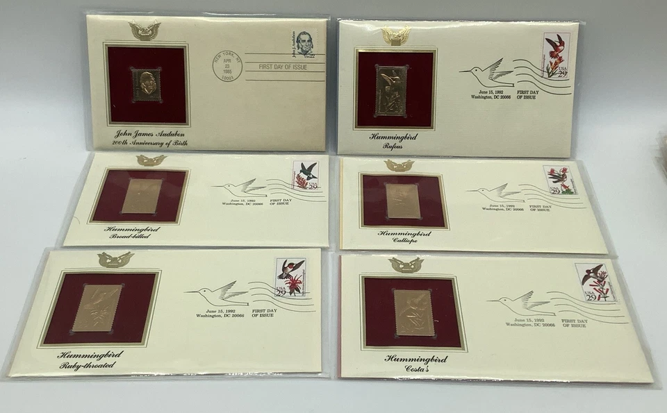 Qty 6 22kt Gold Stamp Replica 1st Day of Issue 1-1985. 5-1992-Hummingbirds - Image 1 of 4