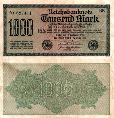 Alemania 1000 marcos 1922 Pick# 76 F-VF Foto 1 de 2
