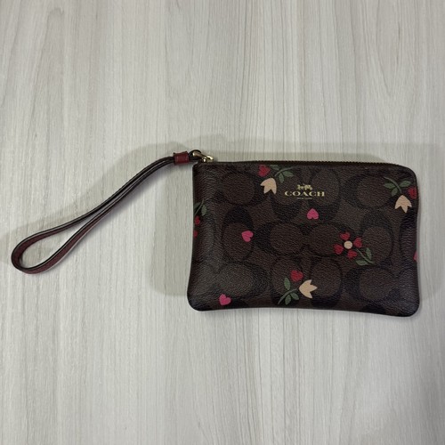 Coach Marsupio da Polso Donna Marrone Floreale Firma Tela Zip Portafoglio Borsa
