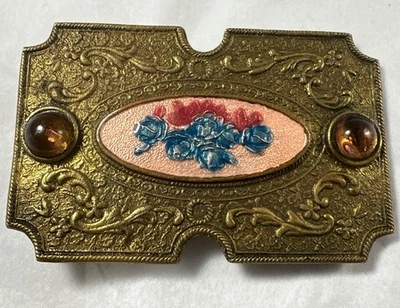 Fivela de cinto de vidro derramado esmalte art déco assinado por designer “Christiana” latão - Imagem 1 de 4