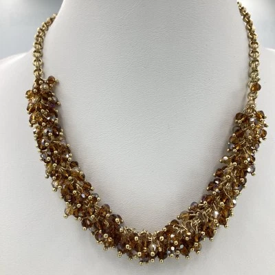Vintage Gold Tone Necklace 21" Amber Tone Crystal Beaded Cluster Adjustable - Image 1 of 4