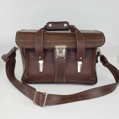 Estuche Bolso para Cámara Frontal Caída Cremallera Lateral Duro Cuero Marrón De Colección 14"X 10"X 7" Foto 1 de 4