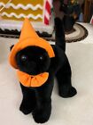 Halloween Stuffed Plush Black Cat with Orange Witch Hat and Bow - New!