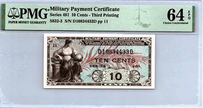 Series 481, 10 Cents 3rd Printing Military Payment (MPC) PMG 64 EPQ Pick S832-3 - Image 1 of 4