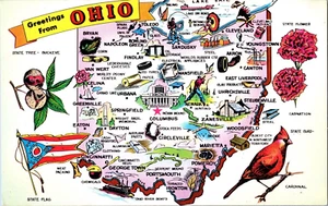 Vintage Greetings Postcard OHIO State Map Flag Bird Flower Cities Buckeye - Picture 1 of 2
