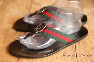 New Gucci GG Black Leather Striped Sandals Sliders Flip Flops Shoes UK 7 E US 8*