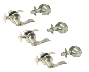 3 Entry Door Locks sets Satin Nickel Brushed Nickel Levers Handles Keyed alike - Picture 1 of 5