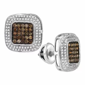 10K White Gold Chocolate Brown & White Diamond Earrings Cluster Studs .50ct - Picture 1 of 2