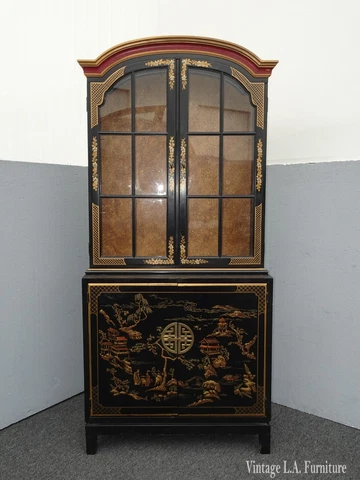 Vintage Mid Century Asian Drexel Black & Gold Chinoiserie Cabinet Display Case Cover