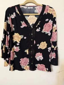 MAURICE'S BLUSE ZUM KNÖPFEN BOHO HIPPIE SPITZENBORTE VORNE GERÜSCHTE GLOCKENÄRMEL S - Bild 1 von 13