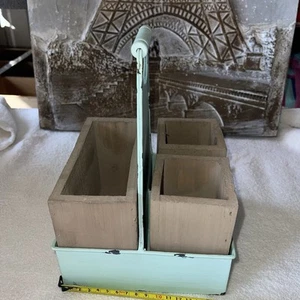 Vtg. Rustic Pine Wood Farmhouse Caddy Utensil Box with Twisted Iron Handle - Picture 1 of 7