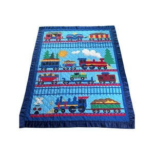 Kid Quilt- Trains- Baby Blue- Soft- Handmade- Some loose threading- preowned vtg - Picture 1 of 5