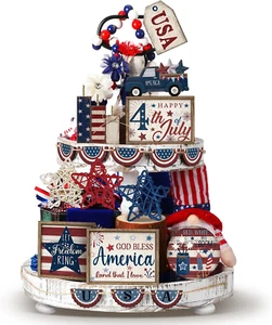 20 Pcs 4Th of July Patriotic Tiered Tray Decoration Memorial Day USA Flag Wood S - Picture 1 of 12